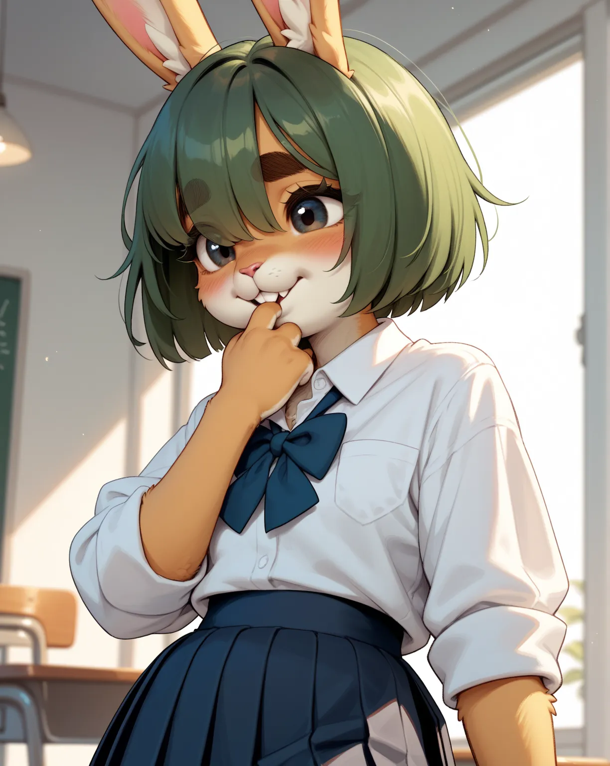 (furry rabbit face:0.9), girl , skinny , bob cut , beautiful hair over the eyes , Long eyelashes , Thick eyebrows , Overbite
, school uniform , jumperskirt
, coquettish , sexsymbol