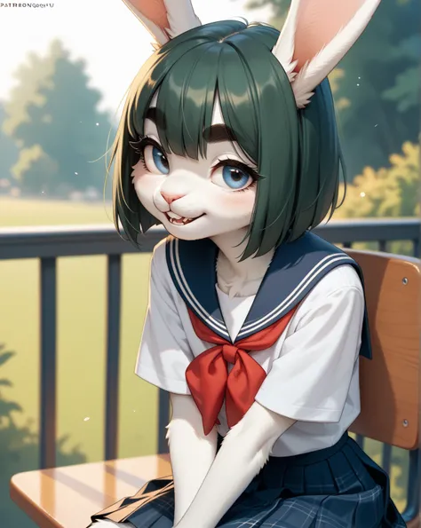 (furry rabbit face:0.9), girl , skinny , bob cut , beautiful hair over the eyes , Long eyelashes , Thick eyebrows , Overbite
, school uniform , jumperskirt
, coquettish , sexsymbol