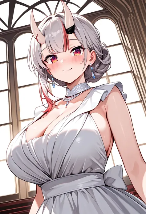 (TOP QUALITY , 8k , masterpiece , incredibly absurdres , perfect body , super detailed skin , highly detailed eyes and face , 1 woman ) ,  nakiri ayame , Silver Hair , red eyes , demon horn , smile ,  will be happy , (  elegant attire , earrings , ballroom...