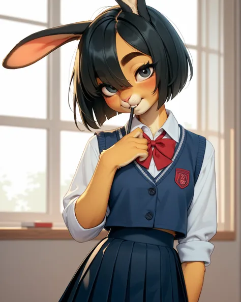 (furry rabbit face:0.9), girl , skinny , bob cut , beautiful hair over the eyes , Long eyelashes , Thick eyebrows , Double eyelids , Overbite
, school uniform , jumperskirt
, coquettish , sexsymbol