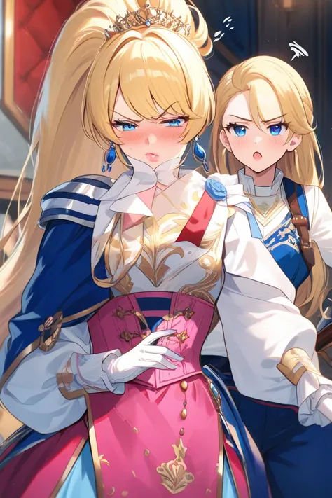 Long ponytail, preppy girl, blonde hair, blue eyes, pink corset, long sleeved white shirt, navy blue pants, royal, blue earrings, rosy lips, white gloves, fantasy clothing, swordswoman, annoyed expression 