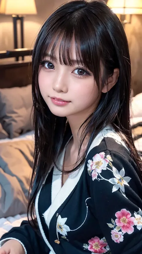 ((masterpiece, TOP QUALITY, high resolution, Ultra Fine)),  Japanese high school girl,(realistic:1.5)、 smiles、great face、closed mouth、 sharp mouth、Glossy Lips 、long hair,(beautiful dark hair:1.5)、Floral Yukata、 Long Sleeve、textured skin、beautiful breasts、 ...