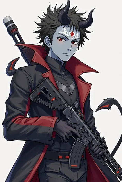  An anime-style character , devil(half-human) with bluish gray skin,  black and red clothes, white hair patterns, black fingertips, a 4-pointed star on the forehead and back, tactical gloves and a Barrett M95.