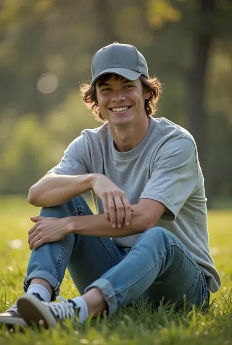 A 22 years old man wearing a grey baseball cap sitting on the grass