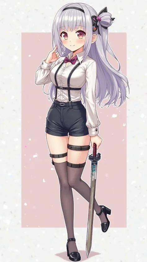 Zenzero、 Genshin、 Resonance、 sexy、looks like she would appear in Soshage、whole body、 standing picture、 business shirt 、heel、 harness belt、 character design、simple background on infecti、Clothes that show through the chest、shorts、garter belt、asymmetrical sto...