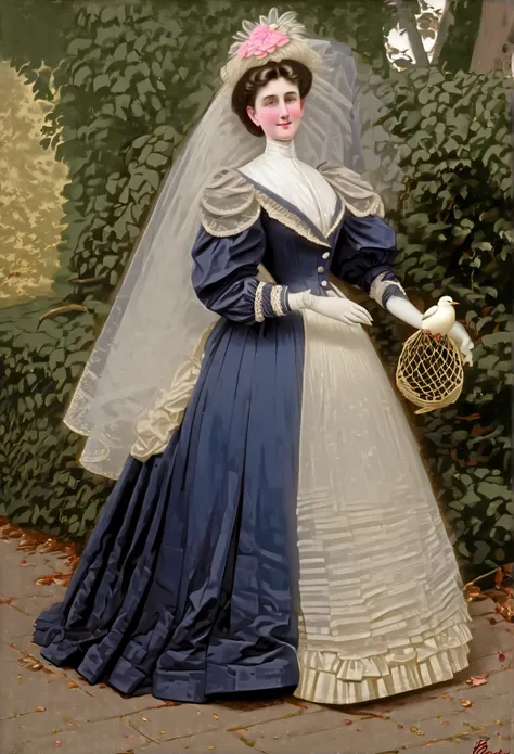 Year 1898. Humanized Minnie Mouse as a pretty, flirty 12yo tween girl, flirting with an elderly gentleman in his early seventies. 1890s fashion. Victorian high-collar navy blue dress with (((long puff sleeves cuffed into wrist-high white silk gloves.))) Po...