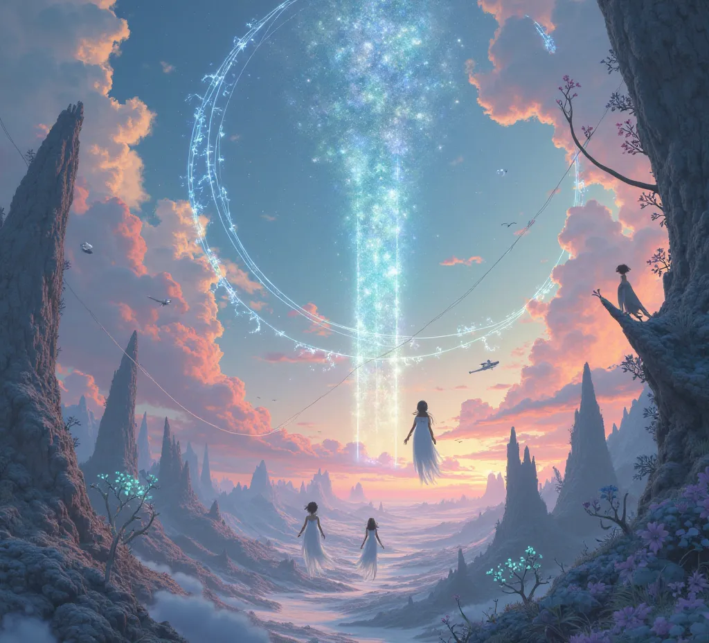 Image of a beautiful dreamland filled with portals in the sky