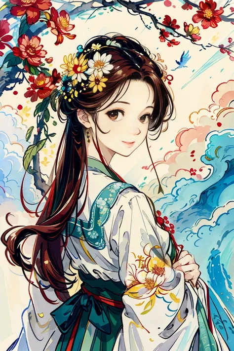 ( TOP QUALITY,  high resolution,  HD , 8k,  masterpiece),  One girl taking care of flowers,  long bright maroon hair ,  moderate breast size、 beautiful and well-groomed face,  brown eyes , Look at me and smile , Old-fashioned garden   ,  colorful flowers a...