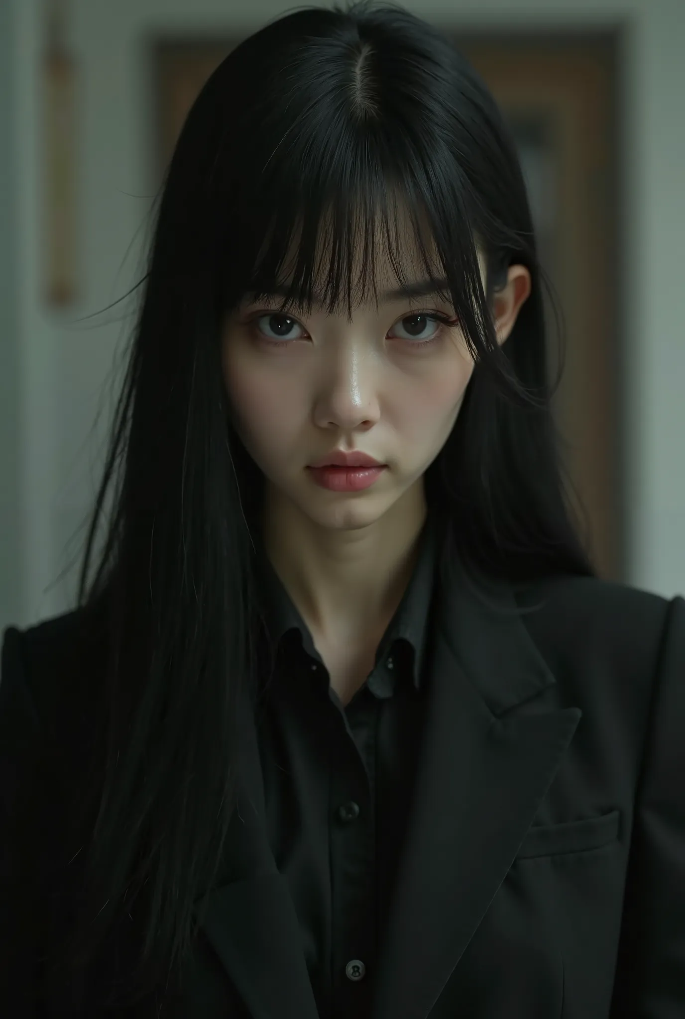 Japanese beauty black hair long straight black suit　brainwashed