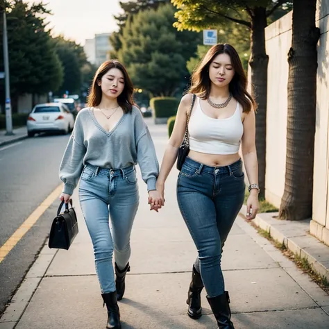 a woman in a top and jeans walking down a sidewalk, long hair, breasts, brown hair, closed eyes, boots, outdoors, pants, necklace, bag, denim, handbag, photo background