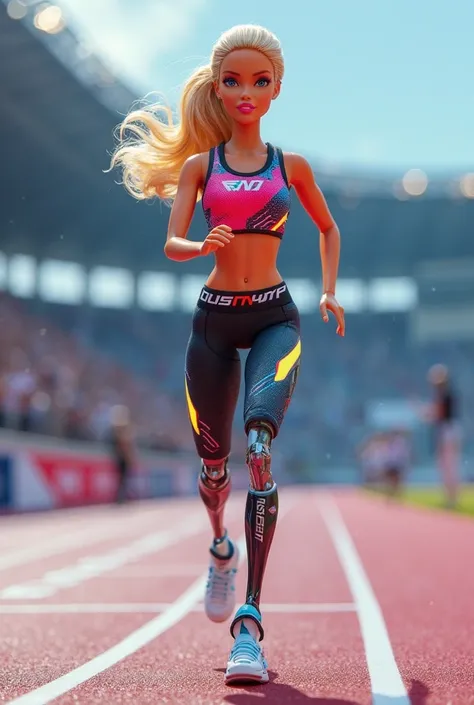 Barbie doll that has a bionic prosthesis on her leg that runs in competition 