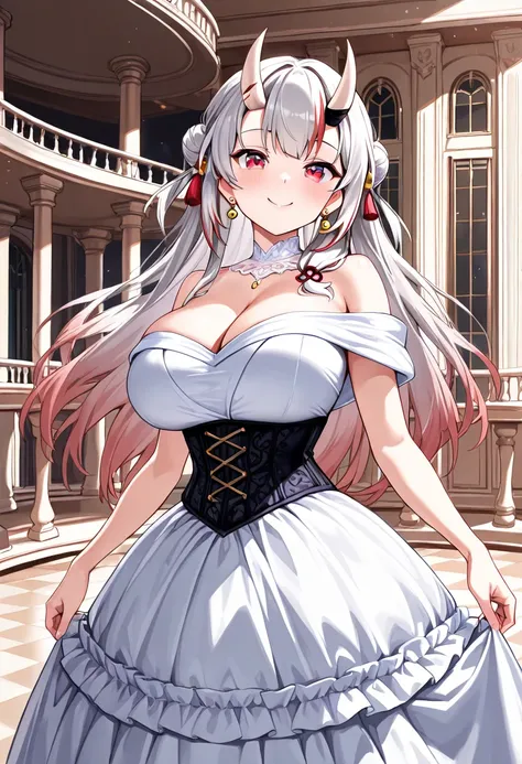 (TOP QUALITY , 8k , masterpiece , incredibly absurdres , perfect body , super detailed skin , highly detailed eyes and face , 1 woman ) ,  nakiri ayame , Silver Hair , red eyes , demon horn , smile ,  will be happy , ( corset dress , earrings , ballroom , ...