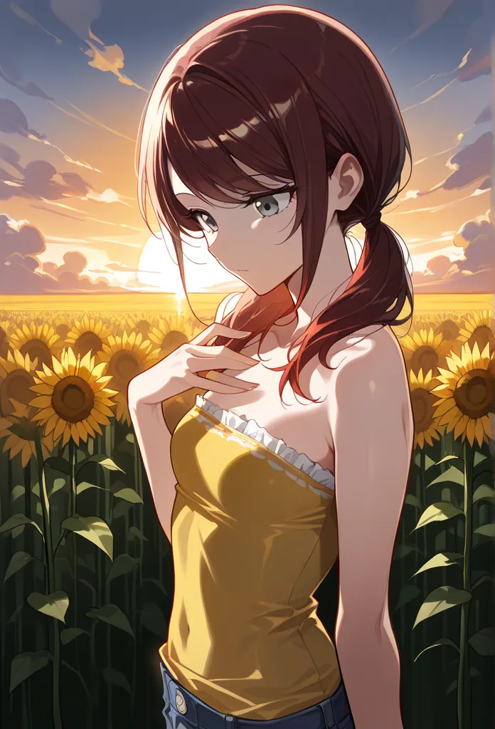  (Masterpiece, best quality), intricate details, JK, solo, young woman , hand on heart, close up, upper body, stepping back, dark red hair, small breasts, thin, slightly toned arms, low twin tails, gray eyes, yellow loose strapless tank top with white fril...