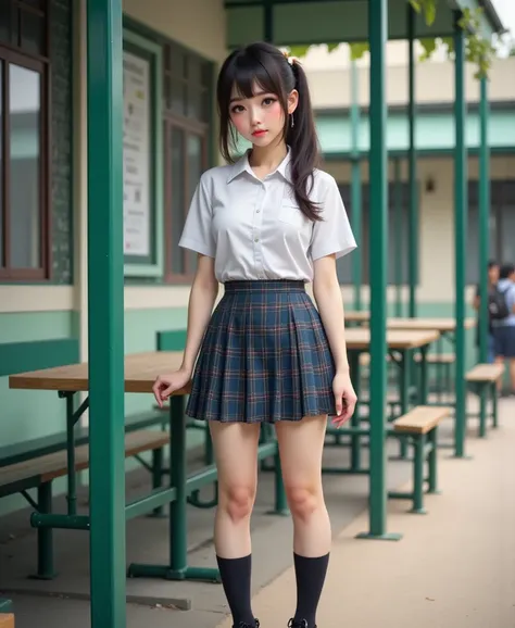 Real photos High-quality Realistic of thai man, Beautiful boy (((large breast , big breast , ))) , Best Quality, 20 years old thai girl in a school uniform astanding near a green metal table,  She is wearing a white shirt(((large breast , big breast , body...