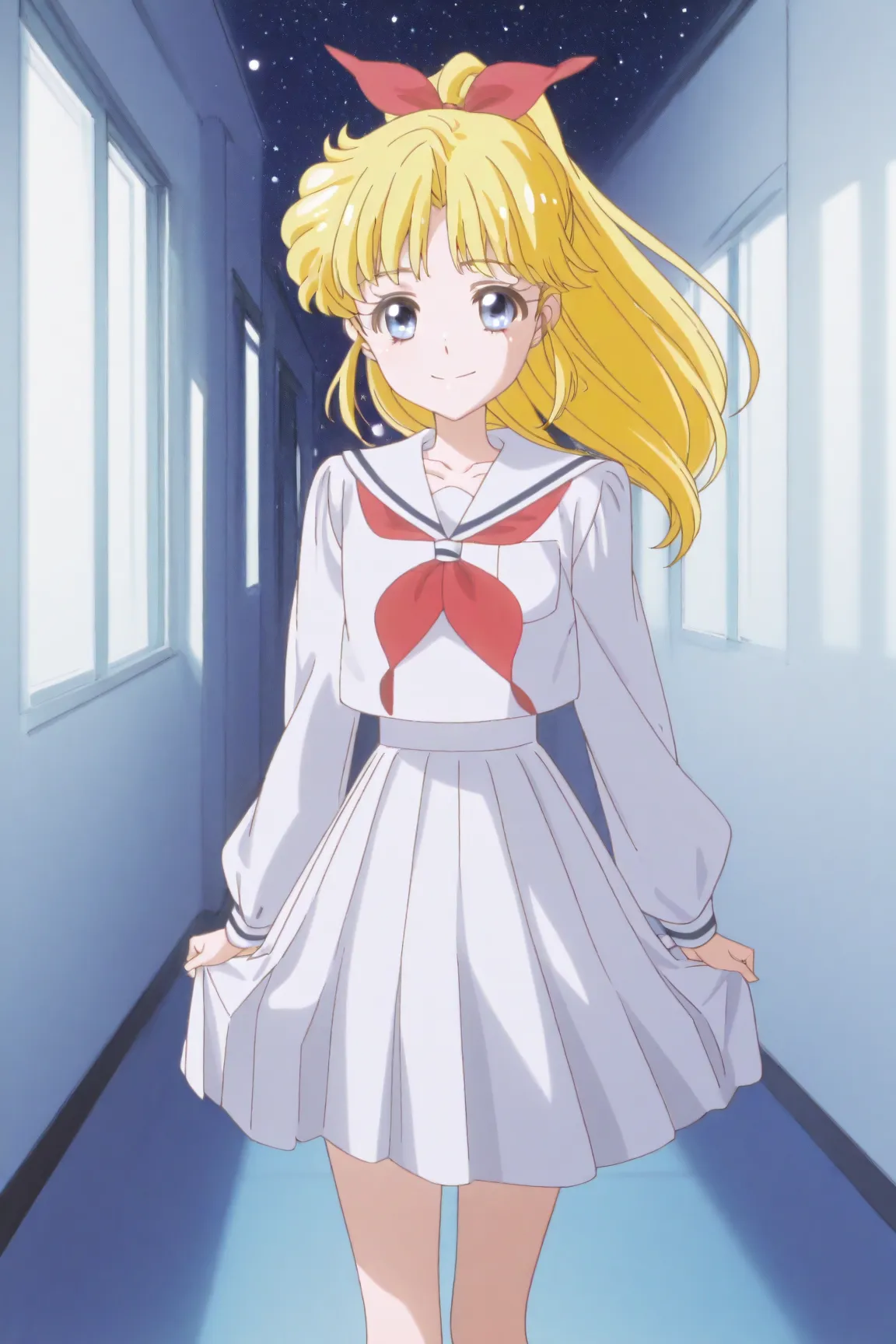  A cheerful and energetic age girl with long, flowing golden blonde hair tied with a red ribbon. She has bright blue eyes and a lively smile. She wears a stylish orange and white sailor-style outfit with a pleated skirt and knee-high boots. Her confident a...