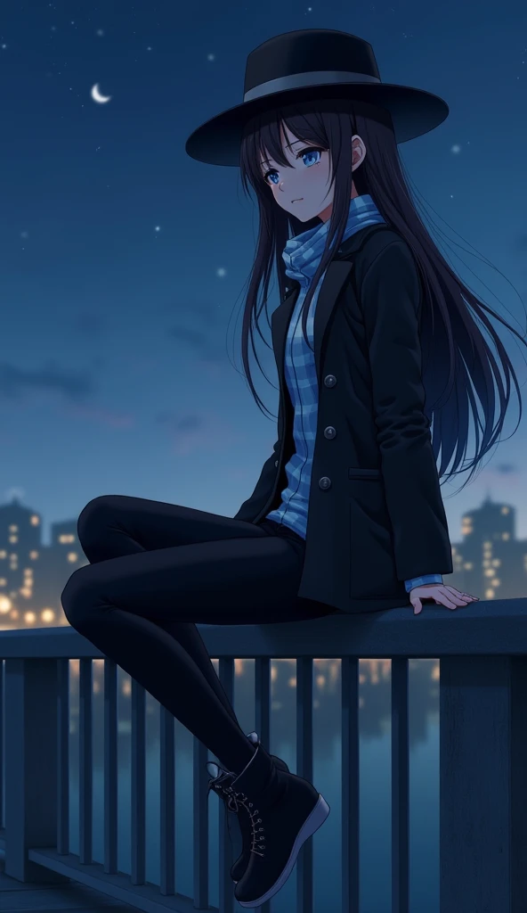 ,  best quality, On the right an 18-year-old girl, white skin,  long dark brown hair,  sky blue eyes, light blue flannel,  black jacket, Black Fedora Hat,  black pants,  serious expression, that is sitting on a bridge railing. Let us see a night landscape....