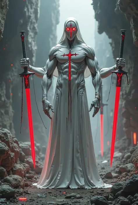   tall white man with black lines, has four arms, each hand holds a bright dark red sword, is inside a destroyed futuristic ship, has four long folded legs, has a single bright red eye, has black lines all over his body, 4k image,  realistic image, is shap...