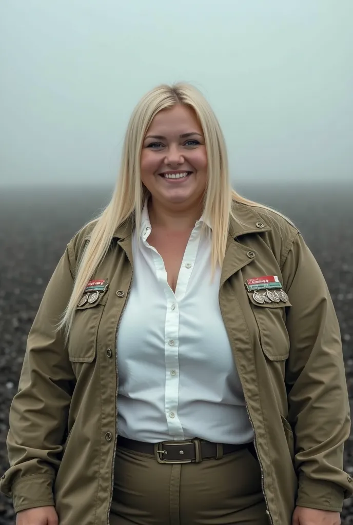 A beautiful morbidly obese busty blonde straight-haired blue eyed woman resembling like a French cinema actress, 21 years old, wearing white shirt, khaki military jacket, colonel medals, and khaki military pants, having humongous and enormous tits, highlig...