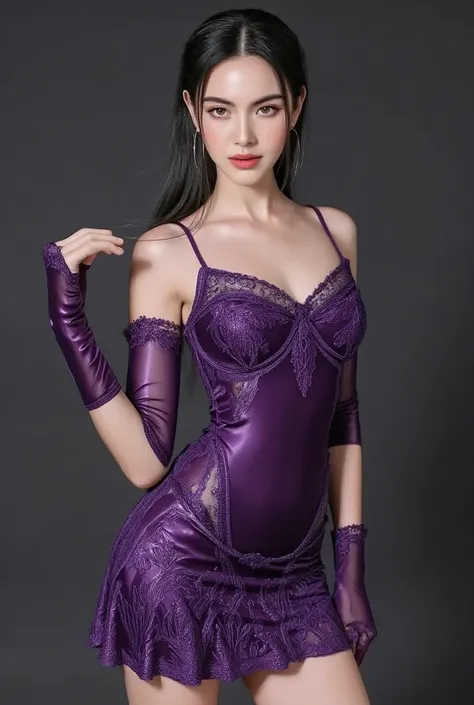 A striking young thai girl, stands with an air of confidence and elegance. Her slender figure is accentuated by a meticulously designed bodysuit in deep, rich purple, the fabric hugging her curves perfectly while flowing naturally down to her bare shoulder...