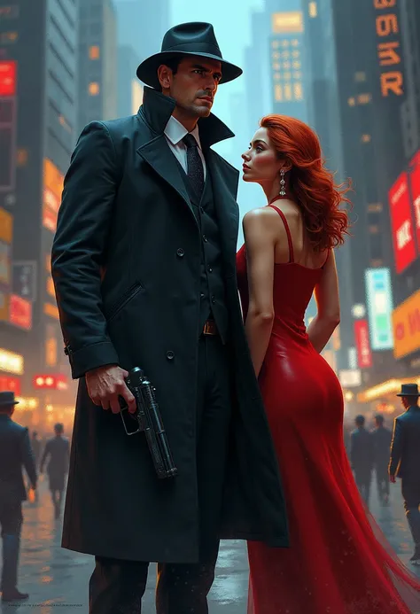 Realistic 3D-HD digital oil painting; Marvel screenshot; the classic detective surveys the city he swore to protect, dressed all in a black suit, black overcoat and a black hat, and draws his Glock, the beautiful sexy red-haired assistant, long red dress w...