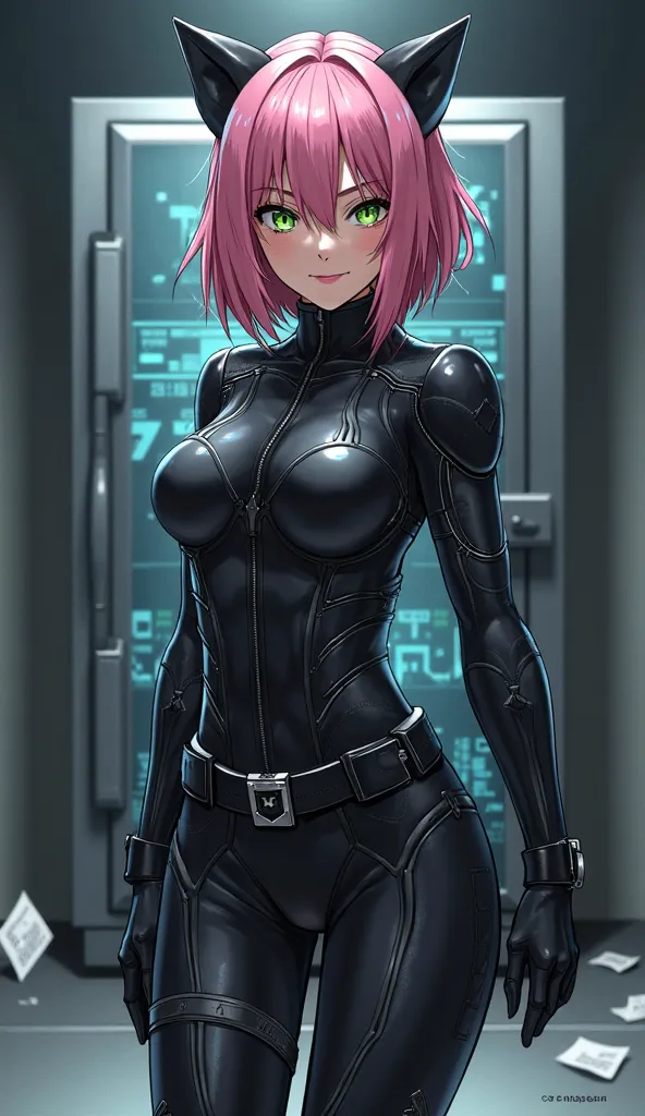 Create a highly detailed anime-style illustration of Sakura Haruno from Naruto, dressed in a Catwoman costume inspired by 'The Dark Knight Rises.' She has her signature pink hair styled naturally, with a few strands falling over her face. The Catwoman suit...