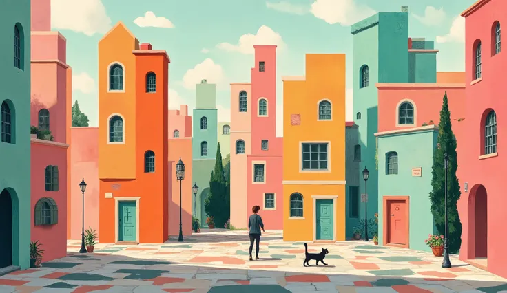 Walking through a cubist city with vibrant, geometric forms. The cat and its owner walk through a cityscape where buildings are deconstructed into colorful, angular shapes. Each building is a collage of planes in bold shades of orange, teal, and magenta, w...