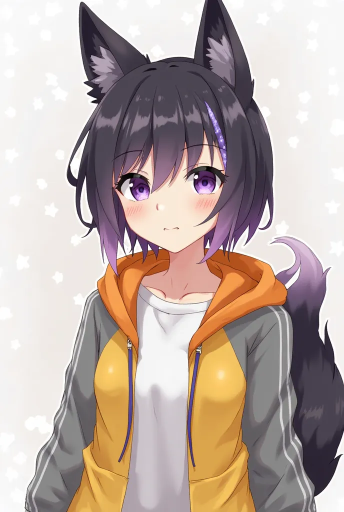 I'm Otomi Ogawa, a fox hybrid, a girl with short black and light purple hair with fox ears and tail, dark purple eyes, wearing a yellow and grey jacket with white undershirt, an orange hoodie that covers my hair, gloves that do not cover fingers