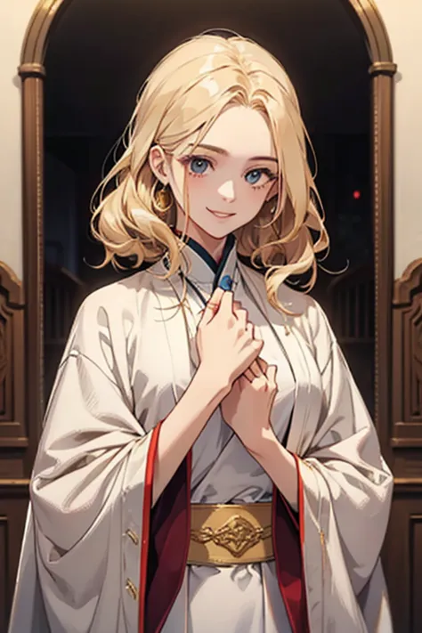 Goddess with blond hair、white robe, golden little hand、 cool smile