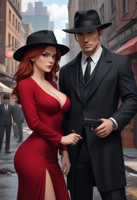 Realistic 3D-HD digital oil painting; Marvel screenshot; the classic detective surveys the city he swore to protect, dressed all in a black suit, black overcoat and a black hat, and draws his Glock, the beautiful sexy red-haired assistant, long red dress w...