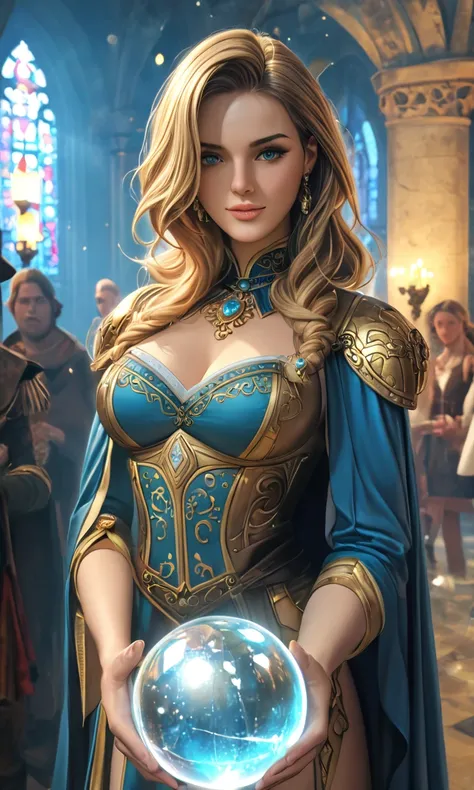 ((facing front:1.5)),Female fortune teller. Attractive, beautiful and mysterious. She wears a blue cloak and has distinct features. The atmosphere is bright and sparkling, full of anxiety and anticipation. A fortune teller is standing there. The body is fa...