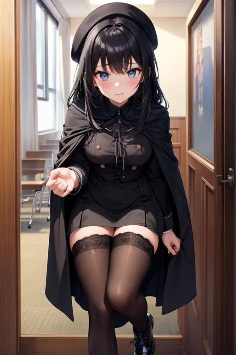 High image quality, high resolution, smooth gradation, vivid colors, a black cloak, a black student uniform, black stockings, black lace-up shoes, black hair, a high school girl, With a surprised look on his face, he opened the classroom door and came rush...