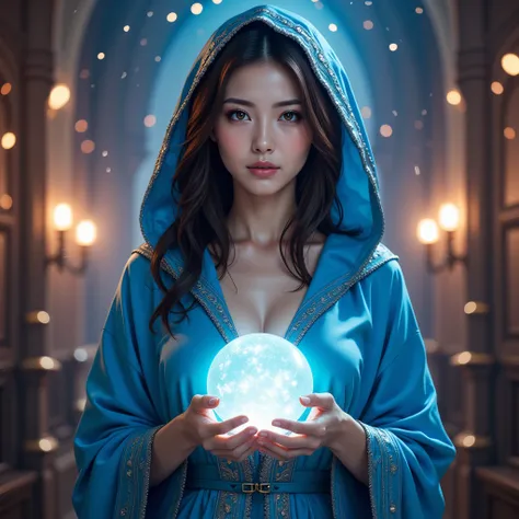 ((facing front:1.5)),Female fortune teller. Attractive, beautiful and mysterious. She wears a blue cloak and has distinct features. The atmosphere is bright and sparkling, full of anxiety and anticipation. A fortune teller is standing there. The body is fa...