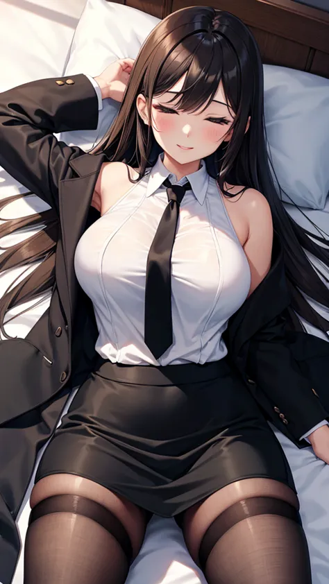 sexy older sister in a black business suit wearing a black tie　　 　　I'm wearing a black tie　black pencil skirt　Brown tights　A radiant smile　 high resolution　 high resolution　 sleeping on the bed