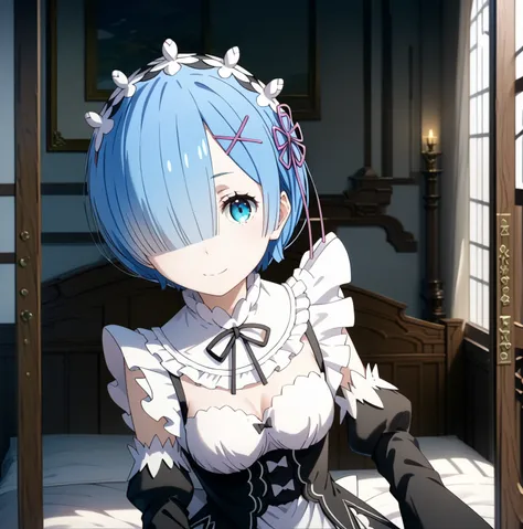 1girl,solo,rem,roswaal mansion maid uniform,short hair,maid,hair over one eye,one eye visible,hair ornament,detached sleeves,x hair ornament,ribbon,aid headdress,(masterpiece:1.2),(ultra detailed:1.2),(best quality:1.2),,(super detailed skin:1.2),(perfect ...