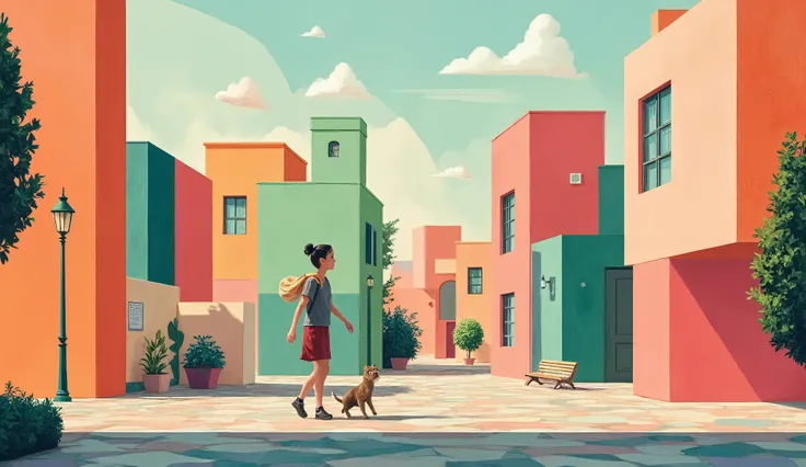 Walking through a cubist city with vibrant, geometric forms. The cat and its owner walk through a cityscape where buildings are deconstructed into colorful, angular shapes. Each building is a collage of planes in bold shades of orange, teal, and magenta, w...