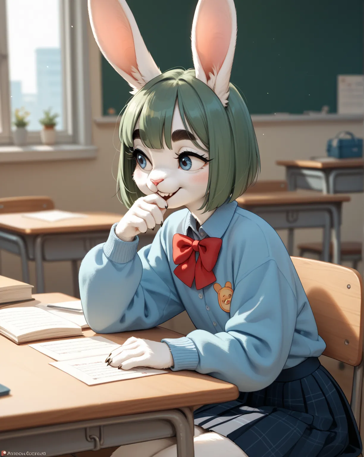 (furry rabbit face:0.9), girl , skinny , bob cut , beautiful hair over the eyes , Long eyelashes , Thick eyebrows , Double eyelids , Overbite
, school jumperskirt
, coquettish , sexsymbol