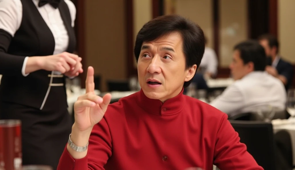 A high-end restaurant setting with a well-dressed Asian Jackie Chan man in a simple red sweater sitting at a table. His face shows confusion and surprise as he looks up at a strict waitress. The waitress, a woman with dark hair tied in a neat bun, wears a ...