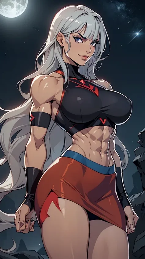 A gorgeous and stunning, ((superheroine)), smirking, smiling, dominant, challenging demeanor, smug, teasing, tall, statuesque, imposing, towering, biceps, triceps, ((eight pack abs, extremely defined abs)), (((double biceps flexing pose)), ((black red blue...