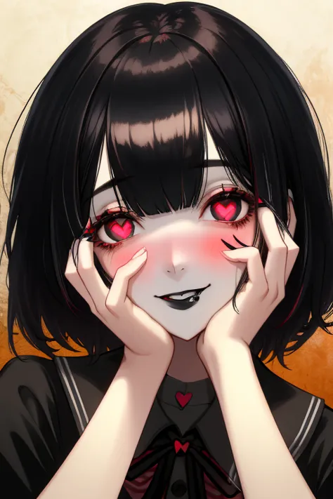 (1 girl), Yandere Trance, Yandere,  hands on your own face ,  hands on cheeks , creepy,  messy bangs, short messy hair, black hair,  smiling,  black lipstick, Wide angle, heart-shaped_students, tan, smoky eyes, mask,  eye pencil, blush