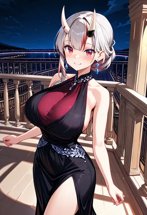 (TOP QUALITY , 8k , masterpiece , incredibly absurdres , perfect body , super detailed skin , highly detailed eyes and face , 1 woman ) ,  nakiri ayame , Silver Hair , red eyes , demon horn , smile ,  will be happy , ( High Slit Dress , sleeveless , earrin...