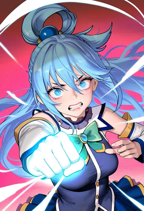 aqua_( konosuba ),  highres,  1girl , blue_eyes, blue_hair, bow, clenched_teeth, dress, fighting_stance, glowing, glowing_hand, green_bow, hair_ ornament , hair_rings, incoming_attack, incoming_punch,  long_hair, looking_at_viewer, punching, single_hair_ri...