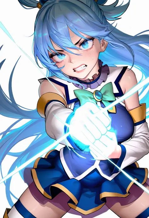 aqua_(konosuba), highres, 1girl, blue_eyes, blue_hair, bow, clenched_teeth, dress, fighting_stance, glowing, glowing_hand, green_bow, hair_ornament, hair_rings, incoming_attack, incoming_punch, long_hair, looking_at_viewer, punching, single_hair_ring, solo...