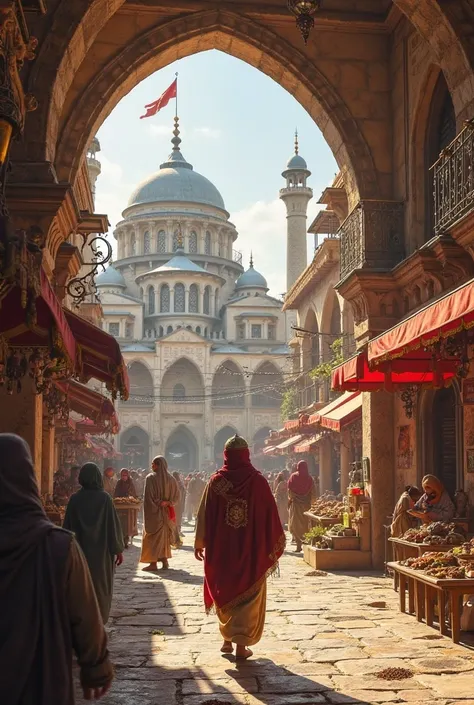 "The foundation of the Grand Bazaar is being laid! A bustling marketplace filled with merchants displaying colorful fabrics, spices filling the air with exotic scents. Fatih Sultan Mehmet walks through a grand caravanserai, observing gold and silver artisa...