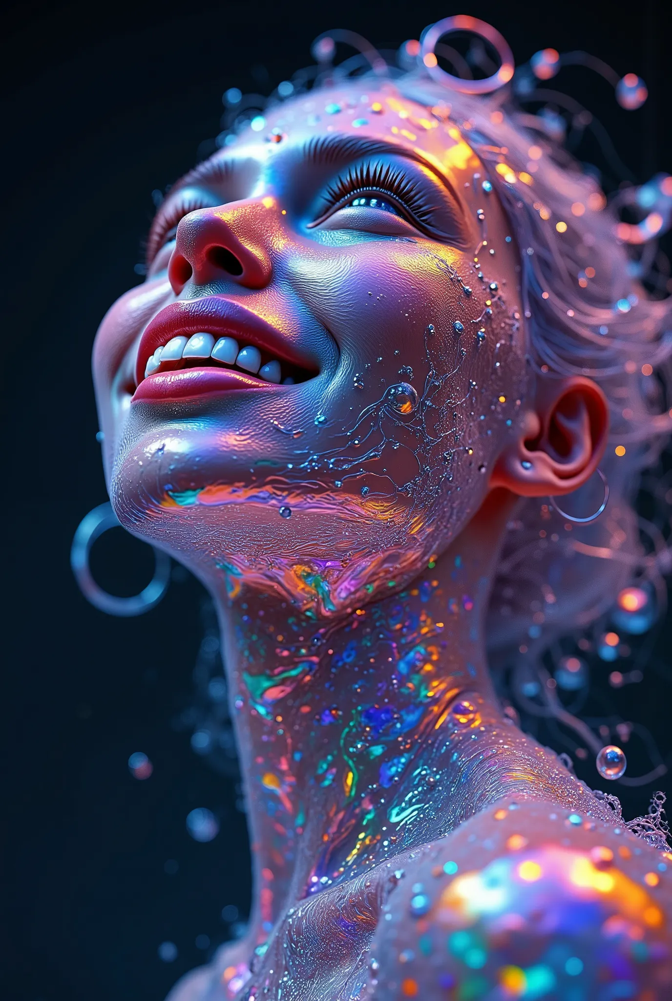 creative 3D abstract ::11 smiling ::1 iridescent technicolor ::4 fractal self similar design ::6 octane render ::8 ultra high extreme detail ::9 professional photographer, skyline position of camera ::1 high contrast, harsh light ::1 cinema lighting ::6 gl...