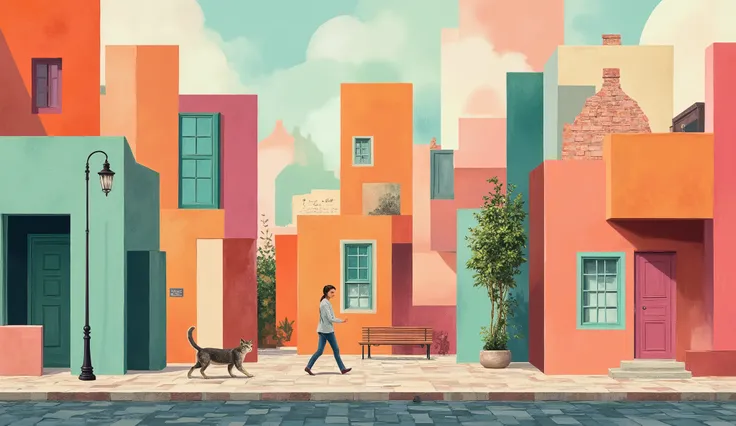 Walking through a cubist city with vibrant, geometric forms. The cat and its owner walk through a cityscape where buildings are deconstructed into colorful, angular shapes. Each building is a collage of planes in bold shades of orange, teal, and magenta, w...