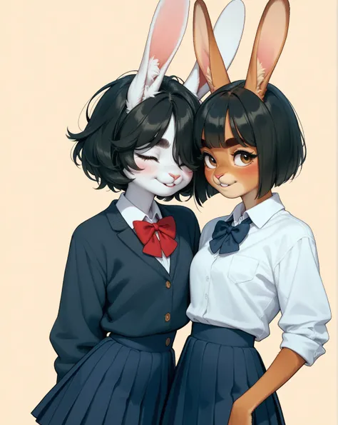 (furry rabbit face:0.9), girl , skinny , bob cut , beautiful hair over the eyes , Long eyelashes , Thick eyebrows , Double eyelids , Overbite
, school jumperskirt
, coquettish , sexsymbol