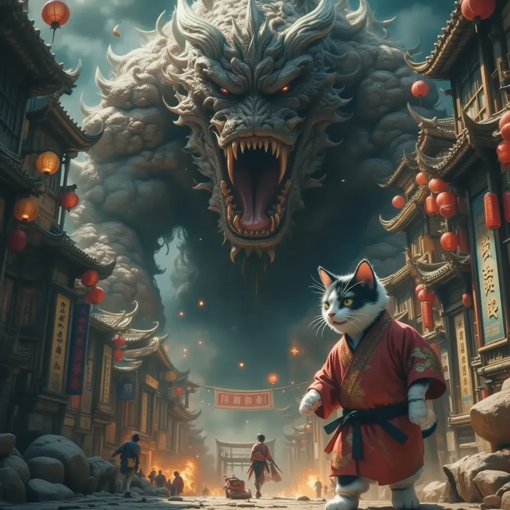 a Chinese kung-fu monster, a cute calico chubby cat wearing a chinese dougi is standing against the another cow monster in a ancient chinese city. a dramatic moment and cinematic atomosphere 