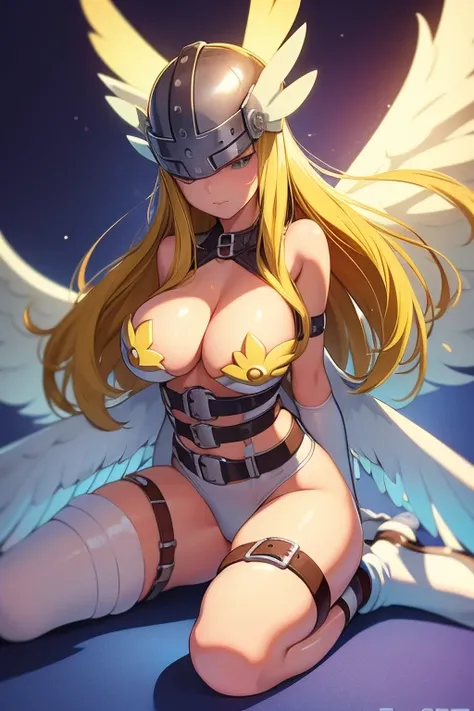 1girl, angel_wings, angewomon, arm_behind_head, armor, asymmetrical_clothes, belt, blonde_hair, breasts, buckle, cleavage, commentary_request, covered_eyes, digimon, digimon_(creature), digimon_adventure, gloves, helmet, huge_breasts, kneeling, light, long...