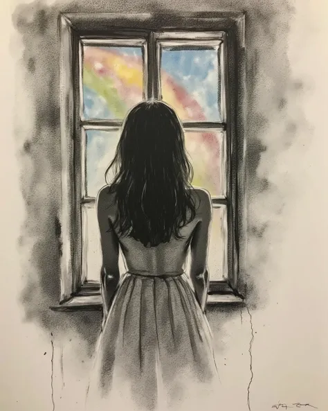 charcoal painting, sketch texture,     , rainbow appears in the sky, spot color\(rainbow\), portrait, water droplets on glass in foreground, long hair,  back view, from behind, watching a rainbow, wearing a dress, (masterpiece, best quality:1.2) 