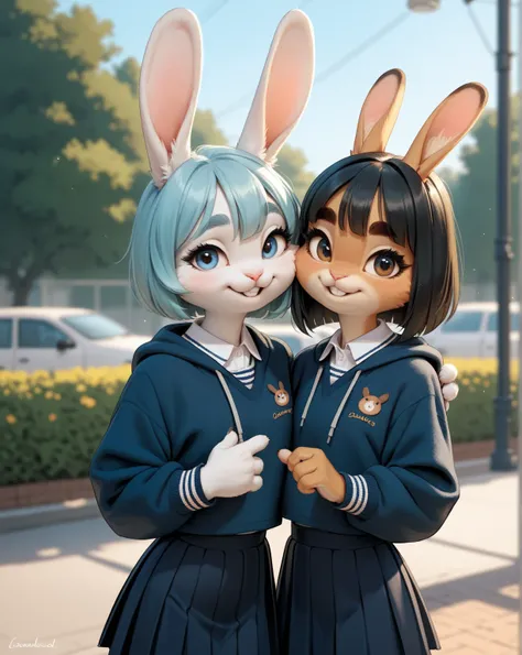 (furry rabbit face:0.9), girl , skinny , bob cut , beautiful hair over the eyes , Long eyelashes , Thick eyebrows , Double eyelids , Overbite
, school , jumper skirt
, coquettish , sexsymbol